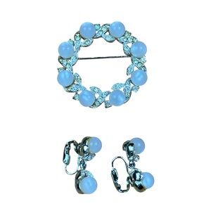 Vintage Mid-Century Brooch and Earring Set Crystal and Milk Glass MCM Pin